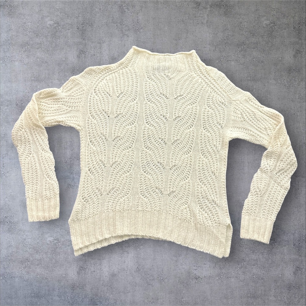 J.Crew Sweater Womens S Ivory Pointelle Leaf Knit Alpaca Blend Mock Neck Boho